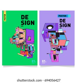 Flat color covers set. Abstract colorful geometric 3d with typography design template. Trendy poster design and colorful theme. 