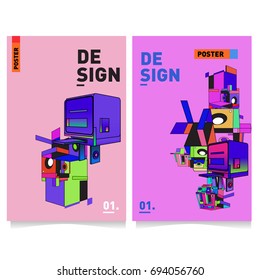 Flat color covers set. Abstract colorful geometric 3d with typography design template. Trendy poster design and colorful theme. 