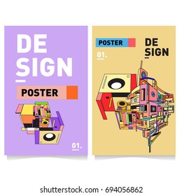 Flat color covers set. Abstract colorful geometric 3d with typography design template. Trendy poster design and colorful theme. 