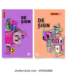 Flat color covers set. Abstract colorful geometric 3d with typography design template. Trendy poster design and colorful theme. 