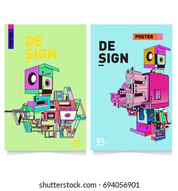 Flat color covers set. Abstract colorful geometric 3d with typography design template. Trendy poster design and colorful theme. 