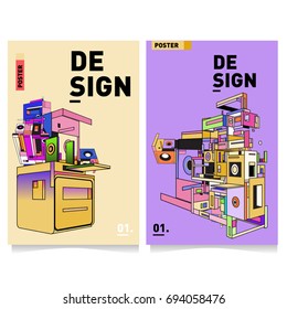 Flat color covers set. Abstract colorful geometric 3d with typography design template. Trendy poster design and colorful theme. 