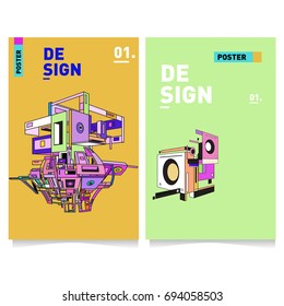 Flat color covers set. Abstract colorful geometric 3d with typography design template. Trendy poster design and colorful theme. 