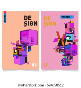Flat color covers set. Abstract colorful geometric 3d with typography design template. Trendy poster design and colorful theme. 