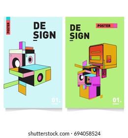 Flat color covers set. Abstract colorful geometric 3d with typography design template. Trendy poster design and colorful theme. 