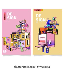 Flat color covers set. Abstract colorful geometric 3d with typography design template. Trendy poster design and colorful theme. 