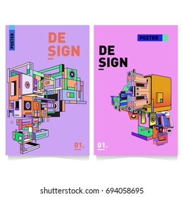 Flat color covers set. Abstract colorful geometric 3d with typography design template. Trendy poster design and colorful theme. 