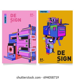 Flat color covers set. Abstract colorful geometric 3d with typography design template. Trendy poster design and colorful theme. 