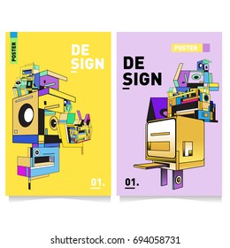 Flat color covers set. Abstract colorful geometric 3d with typography design template. Trendy poster design and colorful theme. 