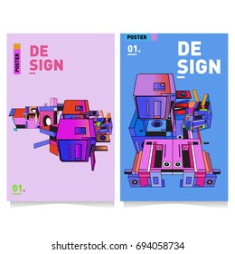 Flat color covers set. Abstract colorful geometric 3d with typography design template. Trendy poster design and colorful theme. 