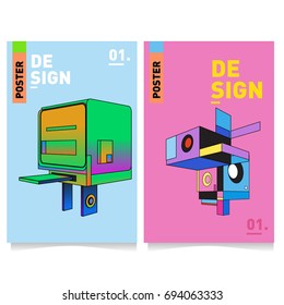 Flat color covers set. Abstract colorful geometric 3d with typography design template. Trendy poster design and colorful theme. 