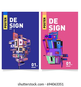 Flat color covers set. Abstract colorful geometric 3d with typography design template. Trendy poster design and colorful theme. 
