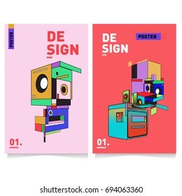 Flat color covers set. Abstract colorful geometric 3d with typography design template. Trendy poster design and colorful theme. 