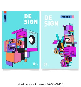 Flat color covers set. Abstract colorful geometric 3d with typography design template. Trendy poster design and colorful theme. 