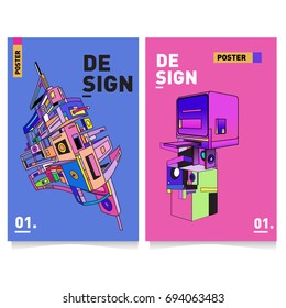 Flat color covers set. Abstract colorful geometric 3d with typography design template. Trendy poster design and colorful theme. 