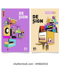 Flat color covers set. Abstract colorful geometric 3d with typography design template. Trendy poster design and colorful theme. 