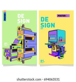 Flat color covers set. Abstract colorful geometric 3d with typography design template. Trendy poster design and colorful theme. 
