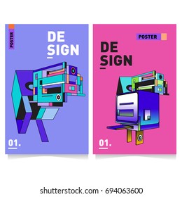 Flat color covers set. Abstract colorful geometric 3d with typography design template. Trendy poster design and colorful theme. 