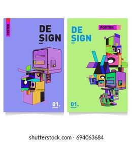 Flat color covers set. Abstract colorful geometric 3d with typography design template. Trendy poster design and colorful theme. 
