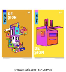 Flat color covers set. Abstract colorful geometric 3d with typography design template. Trendy poster design and colorful theme. 