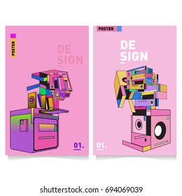 Flat color covers set. Abstract colorful geometric 3d with typography design template. Trendy poster design and colorful theme. 