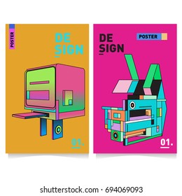 Flat color covers set. Abstract colorful geometric 3d with typography design template. Trendy poster design and colorful theme. 