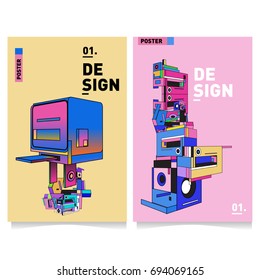 Flat color covers set. Abstract colorful geometric 3d with typography design template. Trendy poster design and colorful theme. 