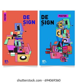 Flat color covers set. Abstract colorful geometric 3d with typography design template. Trendy poster design and colorful theme. 