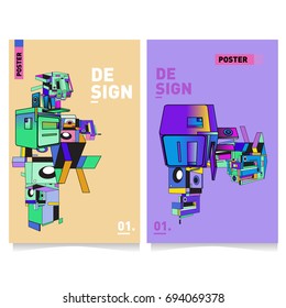 Flat color covers set. Abstract colorful geometric 3d with typography design template. Trendy poster design and colorful theme. 