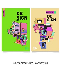 Flat color covers set. Abstract colorful geometric 3d with typography design template. Trendy poster design and colorful theme. 