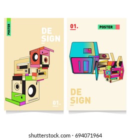 Flat color covers set. Abstract colorful geometric 3d with typography design template. Trendy poster design and colorful theme. 