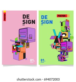 Flat color covers set. Abstract colorful geometric 3d with typography design template. Trendy poster design and colorful theme. 