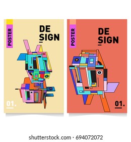 Flat color covers set. Abstract colorful geometric 3d with typography design template. Trendy poster design and colorful theme. 
