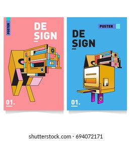 Flat color covers set. Abstract colorful geometric 3d with typography design template. Trendy poster design and colorful theme. 