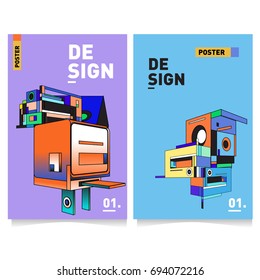 Flat color covers set. Abstract colorful geometric 3d with typography design template. Trendy poster design and colorful theme. 