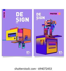 Flat color covers set. Abstract colorful geometric 3d with typography design template. Trendy poster design and colorful theme. 