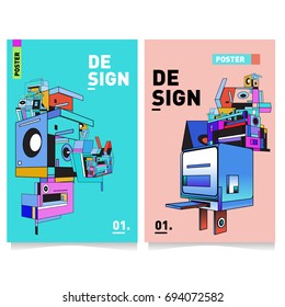 Flat color covers set. Abstract colorful geometric 3d with typography design template. Trendy poster design and colorful theme. 
