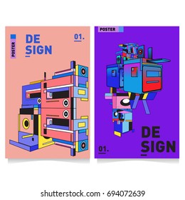 Flat color covers set. Abstract colorful geometric 3d with typography design template. Trendy poster design and colorful theme. 