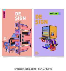 Flat color covers set. Abstract colorful geometric 3d with typography design template. Trendy poster design and colorful theme. 