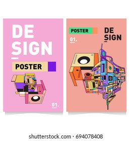 Flat color covers set. Abstract colorful geometric 3d with typography design template. Trendy poster design and colorful theme. 