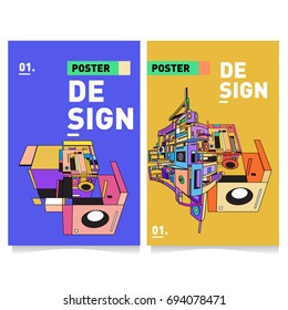 Flat color covers set. Abstract colorful geometric 3d with typography design template. Trendy poster design and colorful theme. 