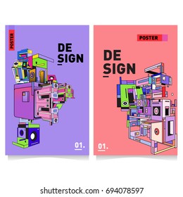 Flat color covers set. Abstract colorful geometric 3d with typography design template. Trendy poster design and colorful theme. 