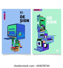 Flat color covers set. Abstract colorful geometric 3d with typography design template. Trendy poster design and colorful theme. 