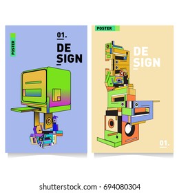 Flat color covers set. Abstract colorful geometric 3d with typography design template. Trendy poster design and colorful theme. 