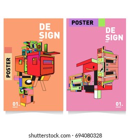 Flat color covers set. Abstract colorful geometric 3d with typography design template. Trendy poster design and colorful theme. 