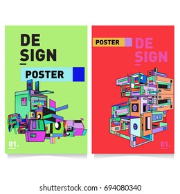 Flat color covers set. Abstract colorful geometric 3d with typography design template. Trendy poster design and colorful theme. 