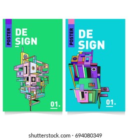 Flat color covers set. Abstract colorful geometric 3d with typography design template. Trendy poster design and colorful theme. 