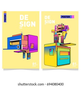 Flat color covers set. Abstract colorful geometric 3d with typography design template. Trendy poster design and colorful theme. 