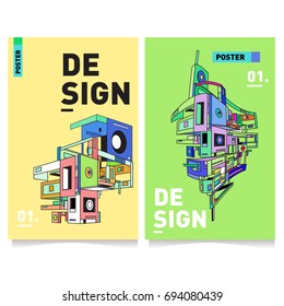 Flat color covers set. Abstract colorful geometric 3d with typography design template. Trendy poster design and colorful theme. 