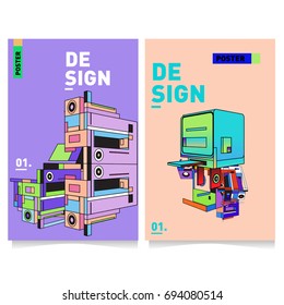 Flat color covers set. Abstract colorful geometric 3d with typography design template. Trendy poster design and colorful theme. 